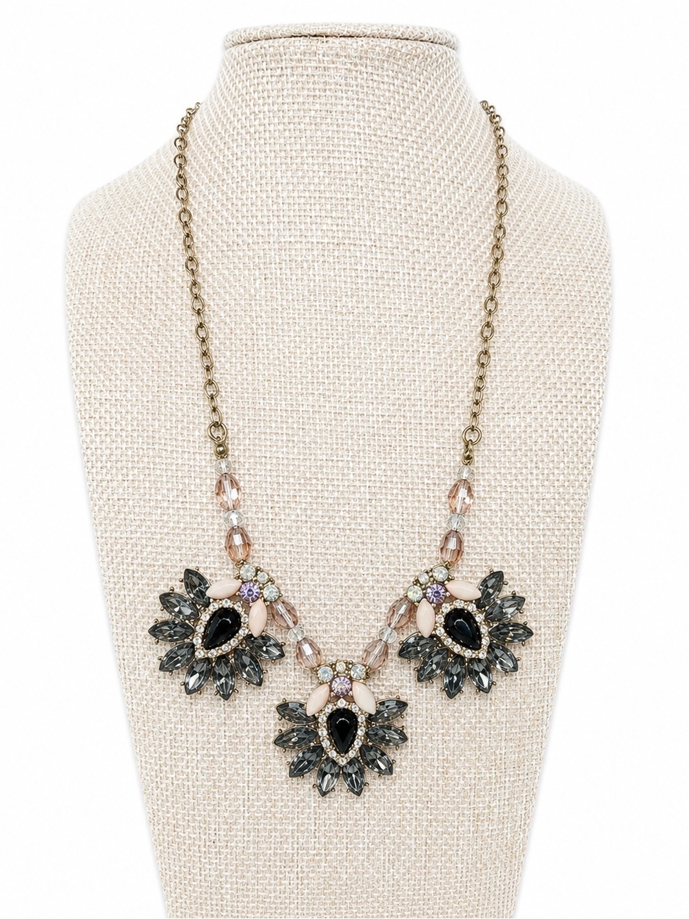 Vintage Style Blue Crystal Statement Bib Necklace Pink Beaded Floral Rhinestone